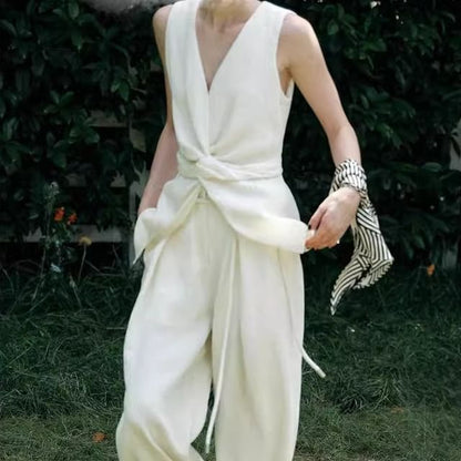 V-Neck Tank Plain Rise Pants Knot Slit Top Wide / High Leg