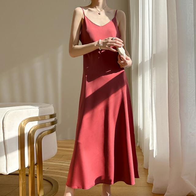Spaghetti A-Line Dress V-Neck Plain Satin Strap Midi