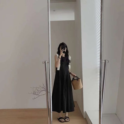 Sleeveless Crew Neck Plain Pleated Midi A-Line Dress