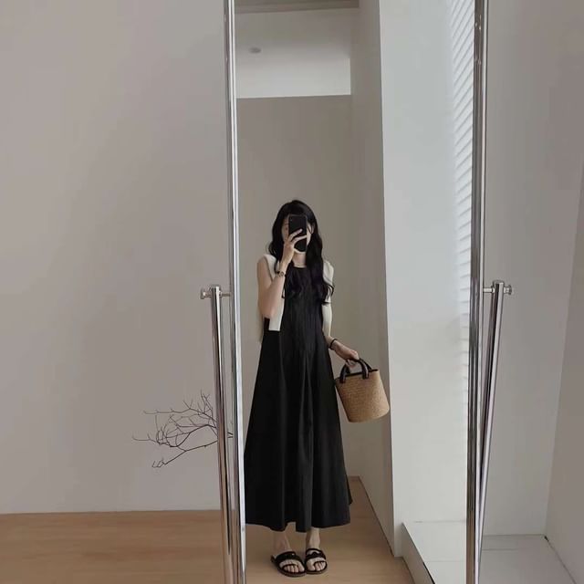 A-Line Neck Sleeveless Crew Dress Midi Plain Pleated