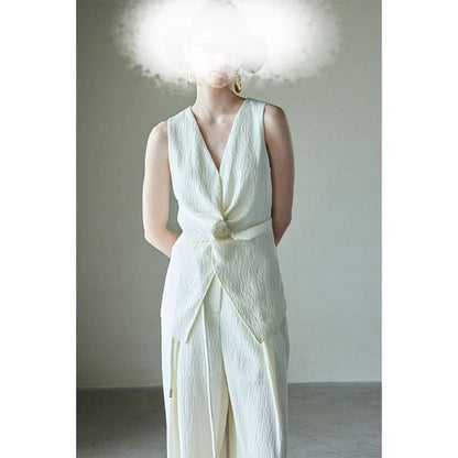 V-Neck Tank Plain Rise Pants Knot Slit Top Wide / High Leg