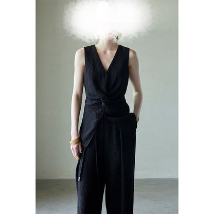 V-Neck Plain Knot Slit Tank Top / High Rise Wide Leg Pants