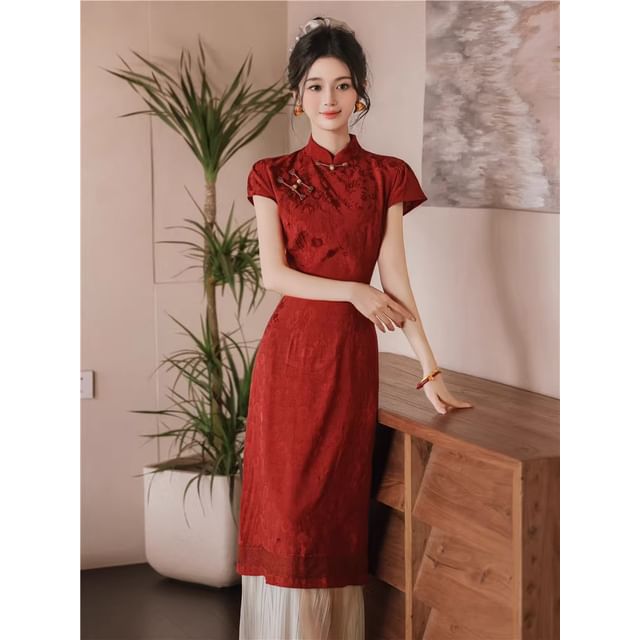 Short-Sleeve Floral Midi A-Line Qipao / High Rise Plain Tassel Hem Maxi A-Line Skirt