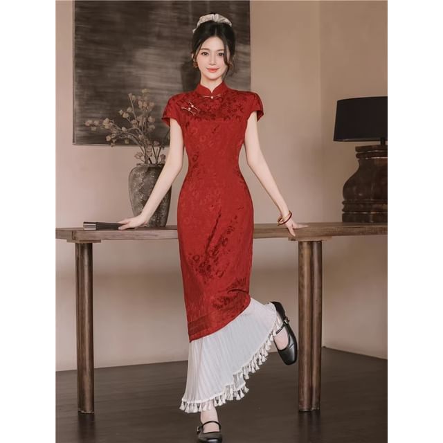 Short-Sleeve Floral Midi A-Line Qipao / High Rise Plain Tassel Hem Maxi A-Line Skirt
