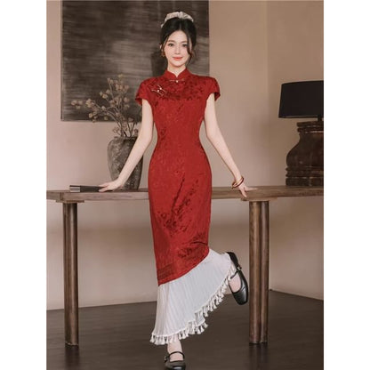 Short-Sleeve Floral Midi A-Line Qipao / High Rise Plain Tassel Hem Maxi A-Line Skirt