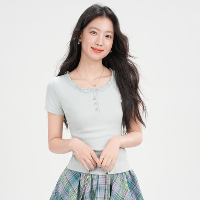 Short Sleeve Half Button Lace Trim Plain Slim-Fit Top