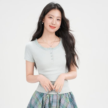 Short Sleeve Half Button Lace Trim Plain Slim-Fit Top