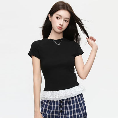 Short Sleeve Lace Panel Slim-Fit Top