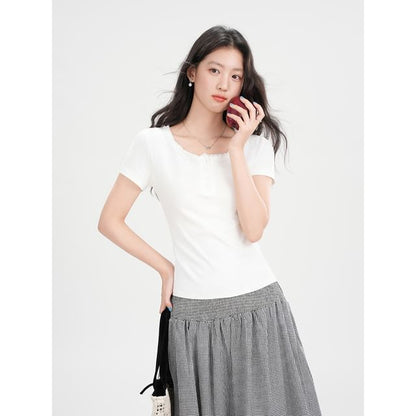 Short Sleeve Half Button Lace Trim Plain Slim-Fit Top
