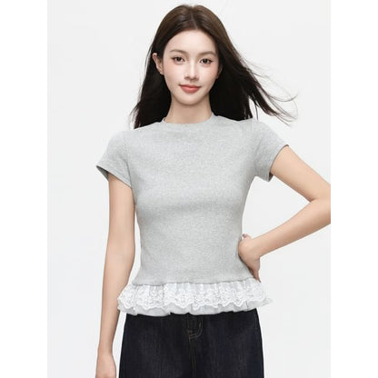 Short Sleeve Lace Panel Slim-Fit Top