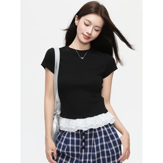 Short Sleeve Lace Panel Slim-Fit Top