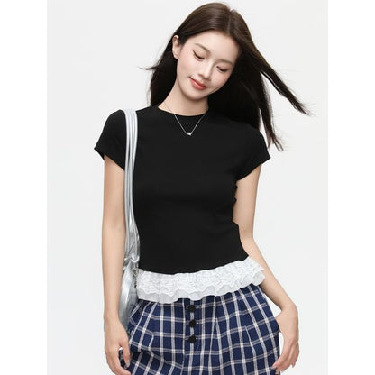 Short Sleeve Lace Panel Slim-Fit Top