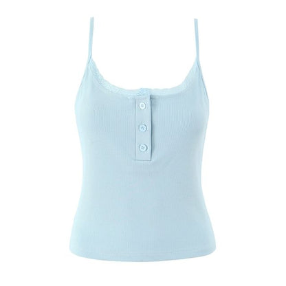 Henley Ribbed Lace-Trim Slim Camisole Top