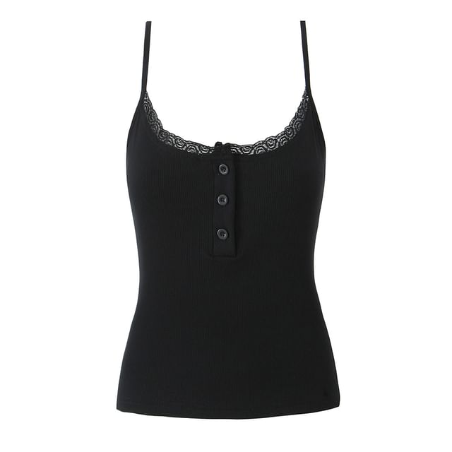 Henley Ribbed Lace-Trim Slim Camisole Top