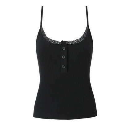 Henley Ribbed Lace-Trim Slim Camisole Top
