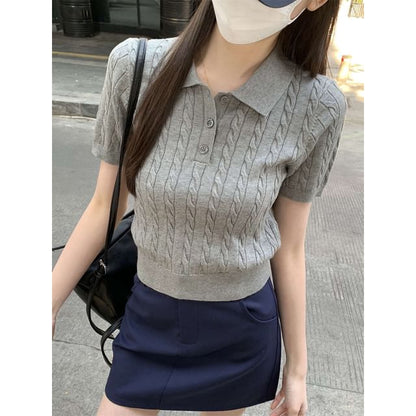 Plain Short-Sleeve Shirt Crop Cable Knit Polo