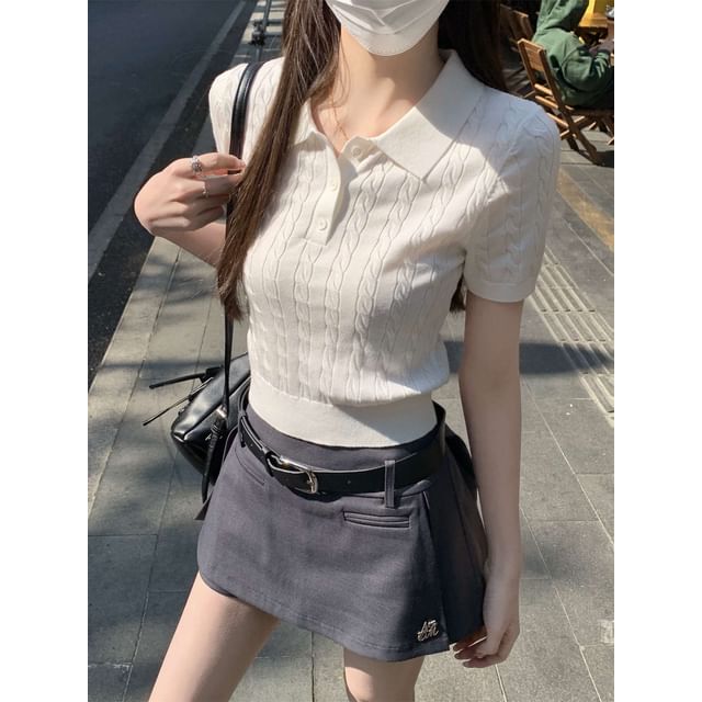 Plain Short-Sleeve Shirt Crop Cable Knit Polo