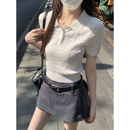 Plain Short-Sleeve Shirt Crop Cable Knit Polo