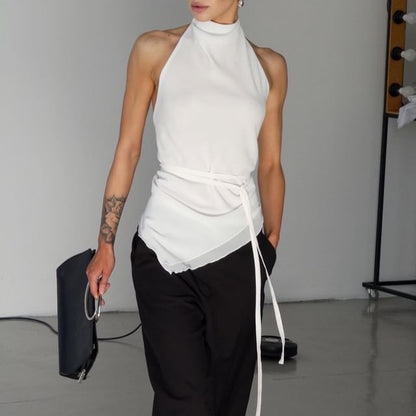 Halter Mock Neck Plain Asymmetrical Open Back Slim Fit Crop Top