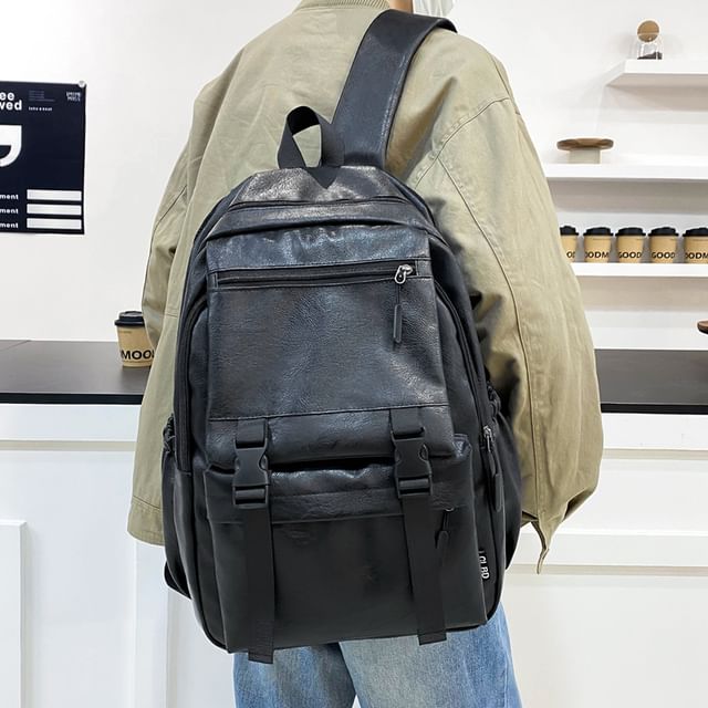 Zip Leather Backpack Faux Plain