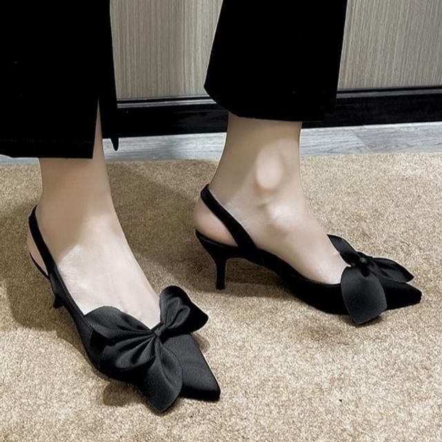 Bow Pumps Satin Slingback Pointed Toe