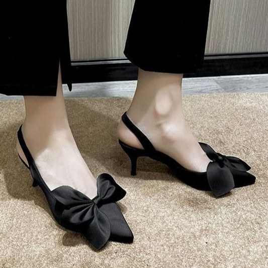 Bow Pumps Satin Slingback Pointed Toe
