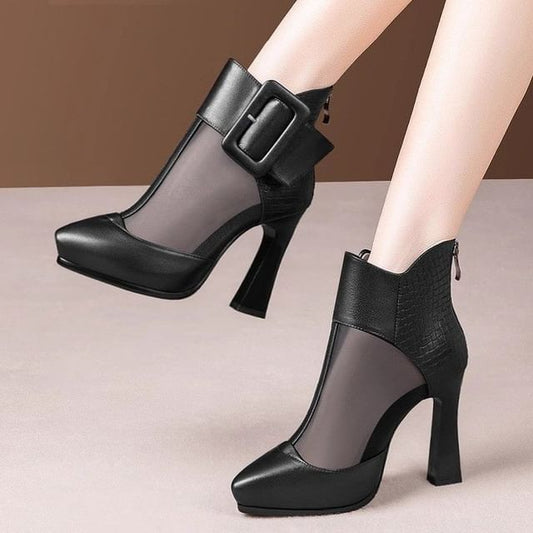 Mesh Buckled Platform Short Panel Pointed Toe Boots