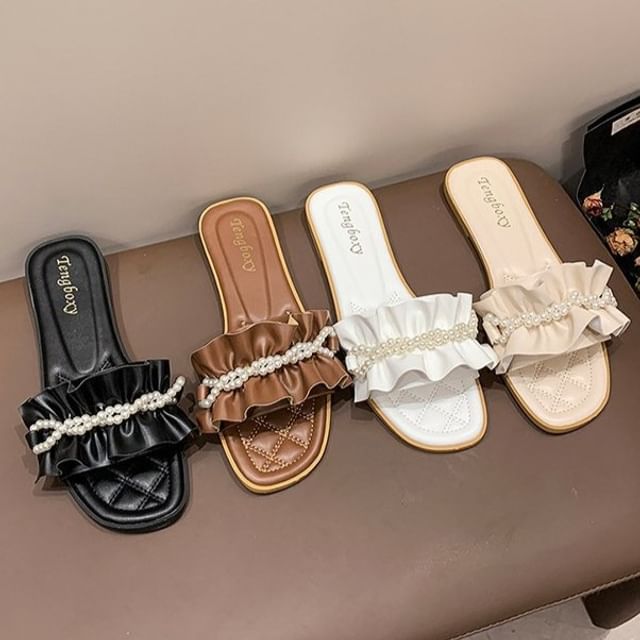 Ruffle Faux Sandals Pearl Slide
