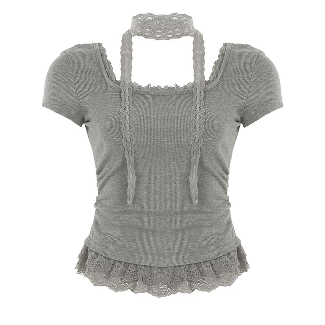 Short-Sleeve Scoop Neck Lace Trim Cropped Tee