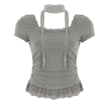 Short-Sleeve Scoop Neck Lace Trim Cropped Tee