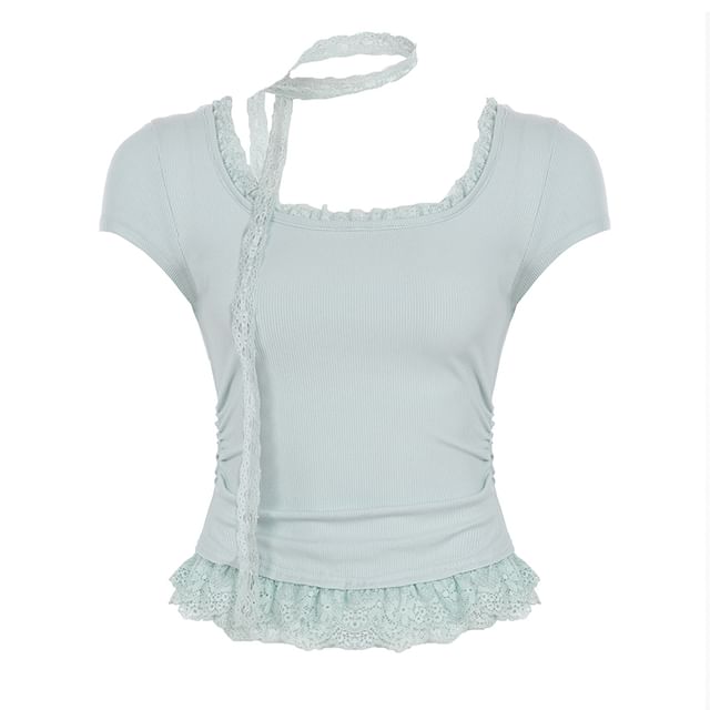 Short-Sleeve Scoop Neck Lace Trim Cropped Tee