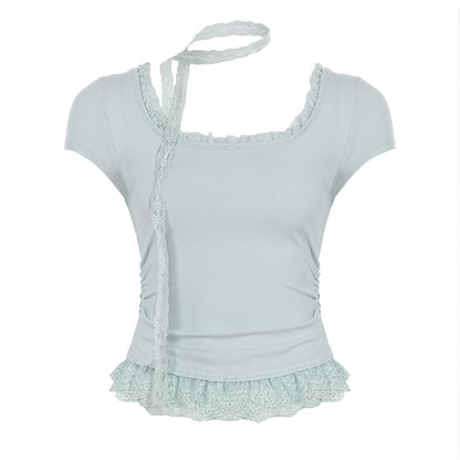Short-Sleeve Scoop Neck Lace Trim Cropped Tee