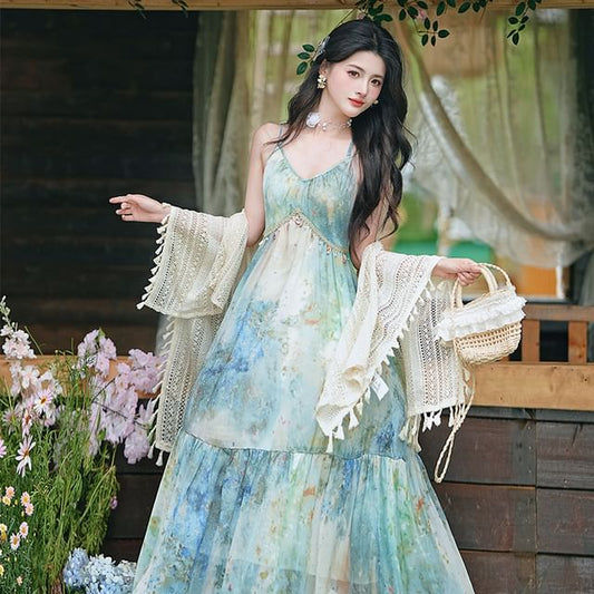 Spaghetti Strap V-Neck Tie Dye Fringed Midi A-Line Dress / Plain Tassel Perforated Shawl / Set