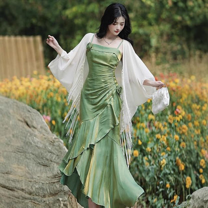 Spaghetti Strap Plain Asymmetrical Flower Accent Ruched Maxi Mermaid Dress / 3/4-Sleeve Fringed Open Front Light Jacket / Set