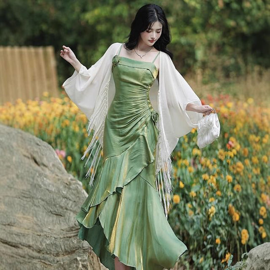 Spaghetti Strap Plain Asymmetrical Flower Accent Ruched Maxi Mermaid Dress / 3/4-Sleeve Fringed Open Front Light Jacket / Set