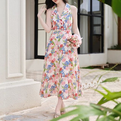 Halter Neck Collared Floral Print Midi A-Line Dress / V-Neck Button-Up Plain Cardigan / Set