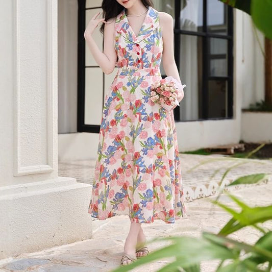 Halter Neck Collared Floral Print Midi A-Line Dress / V-Neck Button-Up Plain Cardigan / Set