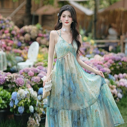 Spaghetti Strap V-Neck Tie Dye Fringed Midi A-Line Dress / Plain Tassel Perforated Shawl / Set