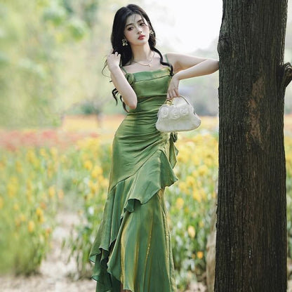 Spaghetti Strap Plain Asymmetrical Flower Accent Ruched Maxi Mermaid Dress / 3/4-Sleeve Fringed Open Front Light Jacket / Set