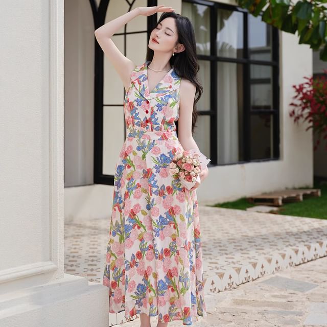 Halter Neck Collared Floral Print Midi A-Line Dress / V-Neck Button-Up Plain Cardigan / Set