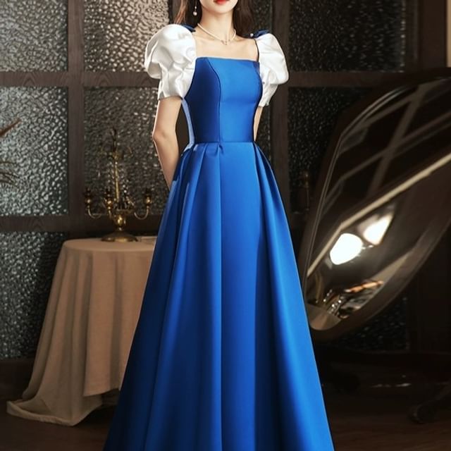 Puff Sleeve Square Neck Two Tone Bow A-Line Evening Dress