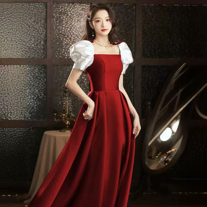 Puff Sleeve Square Neck Two Tone Bow A-Line Evening Dress