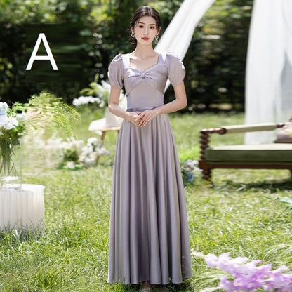 Short Sleeve Plain Maxi A-Line Bridesmaid Dress