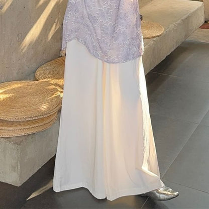 Short-Sleeve Floral Mini Qipao / High Rise Plain Wide Leg Pants