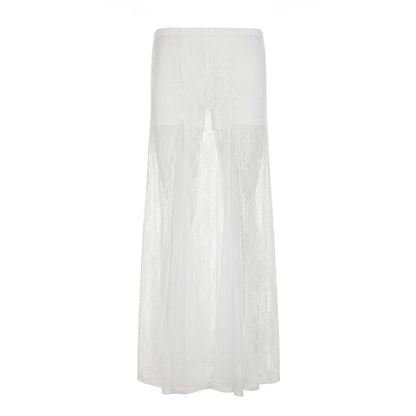 Halter Neck Lace Crop Top with High Rise Maxi A-Line Skirt