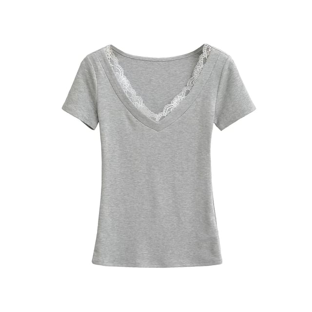 Short-Sleeve V-Neck Plain Lace Trim Tee