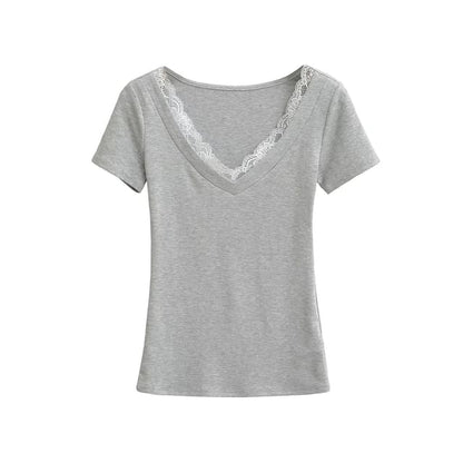 Short-Sleeve V-Neck Plain Lace Trim Tee