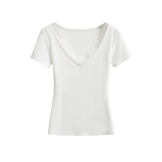 Short-Sleeve V-Neck Plain Lace Trim Tee
