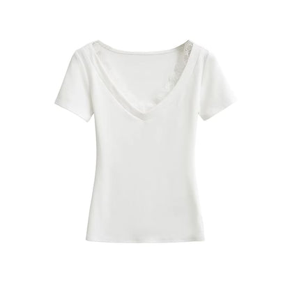 Short-Sleeve V-Neck Plain Lace Trim Tee