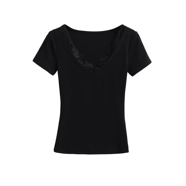 Short-Sleeve V-Neck Plain Lace Trim Tee